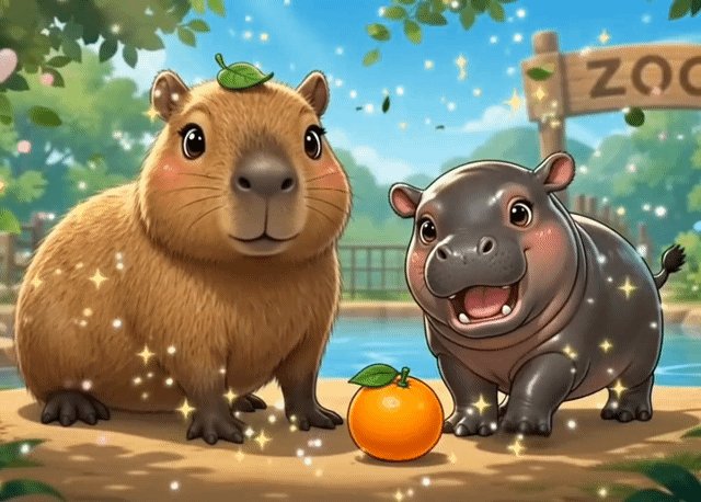 Illustrated Wan Deng the capybara standing beside Moo Deng the hippo